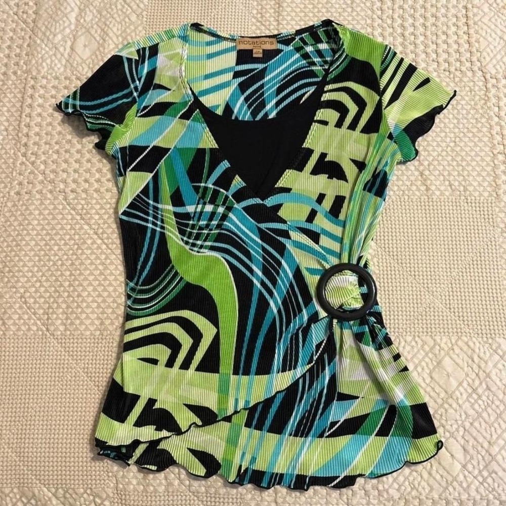 vintage 2000s Notations green and blue asymmetrical top with belt detail.